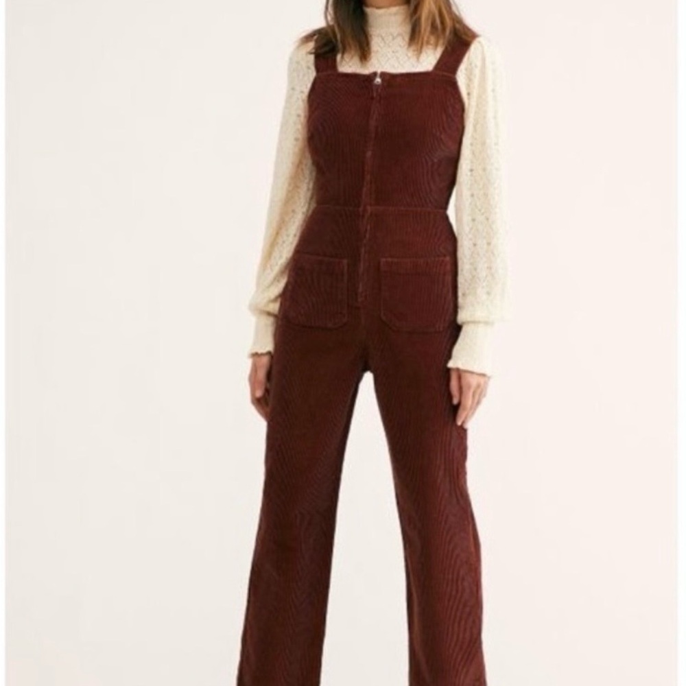 Free People Rust Brown Corduroy Zip-Front Overalls